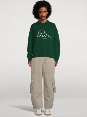 FRAME x Ritz Paris Cashmere Embroidered Crewneck Sweater Green NEW with tag